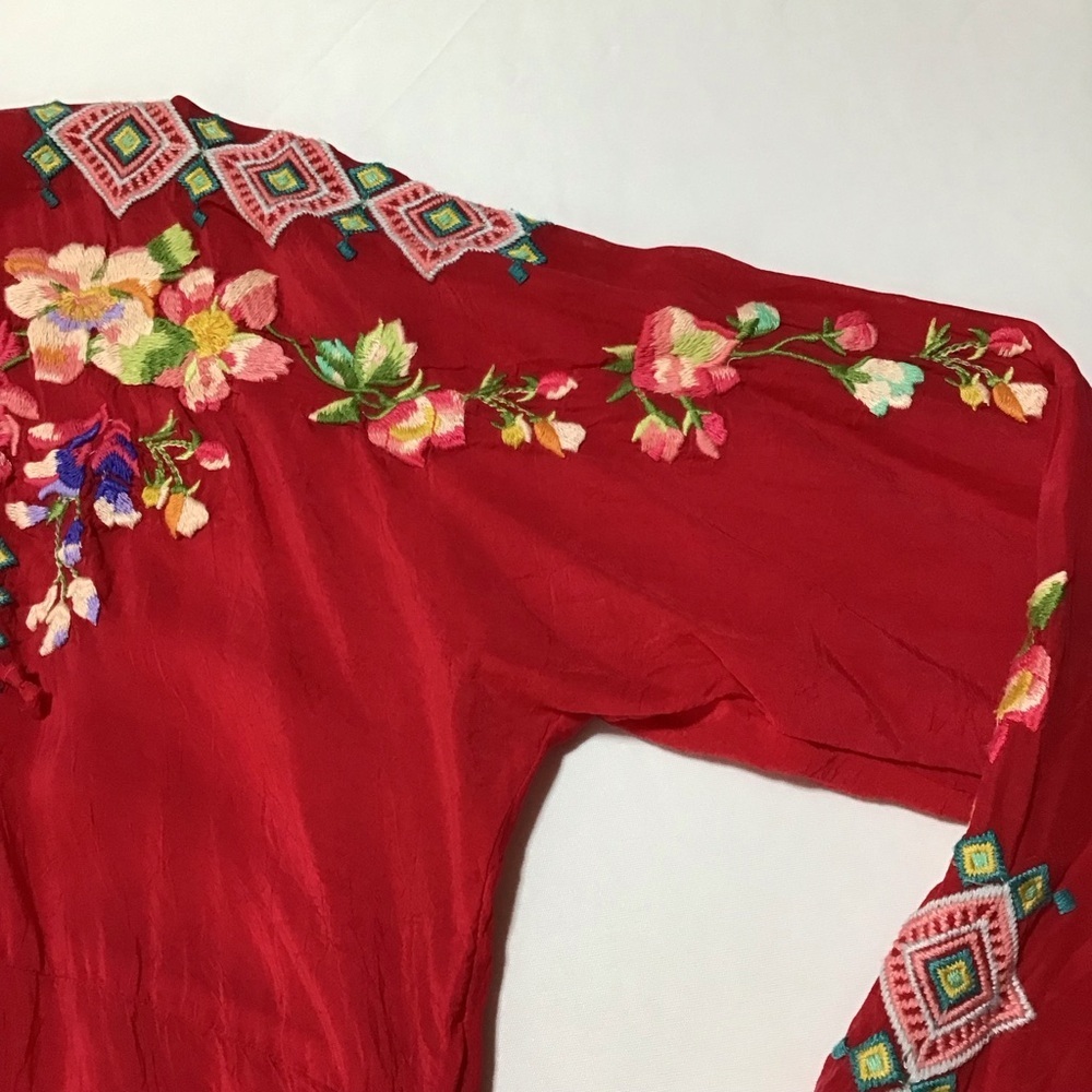 Johnny Was Vibrant Red Embroidered Long Sleeve Tunic - Picture 7 of 15